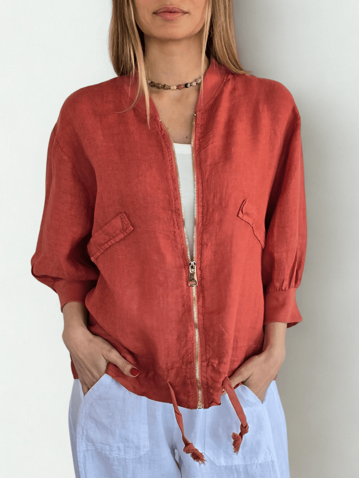 Chaqueta Bomber Italiana 100% Lino, color Terracota