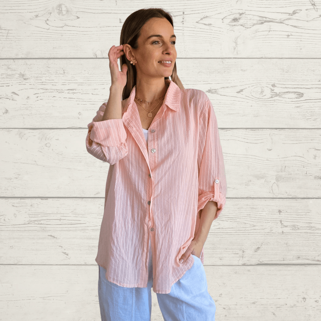 Blusa Italiana rayada, color rosado con blanco