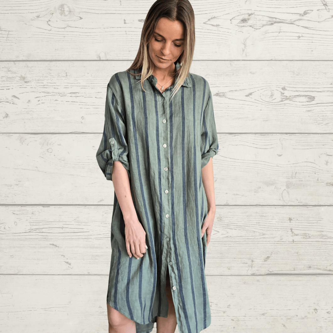 Vestido 100% Lino Italiano Rayado, color Verde con Azul