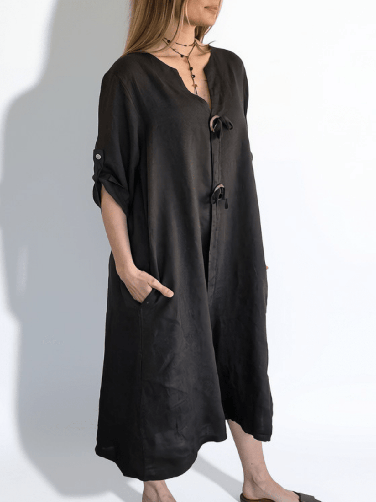 Vestido Italiano 100% Lino Botones, color Chocolate