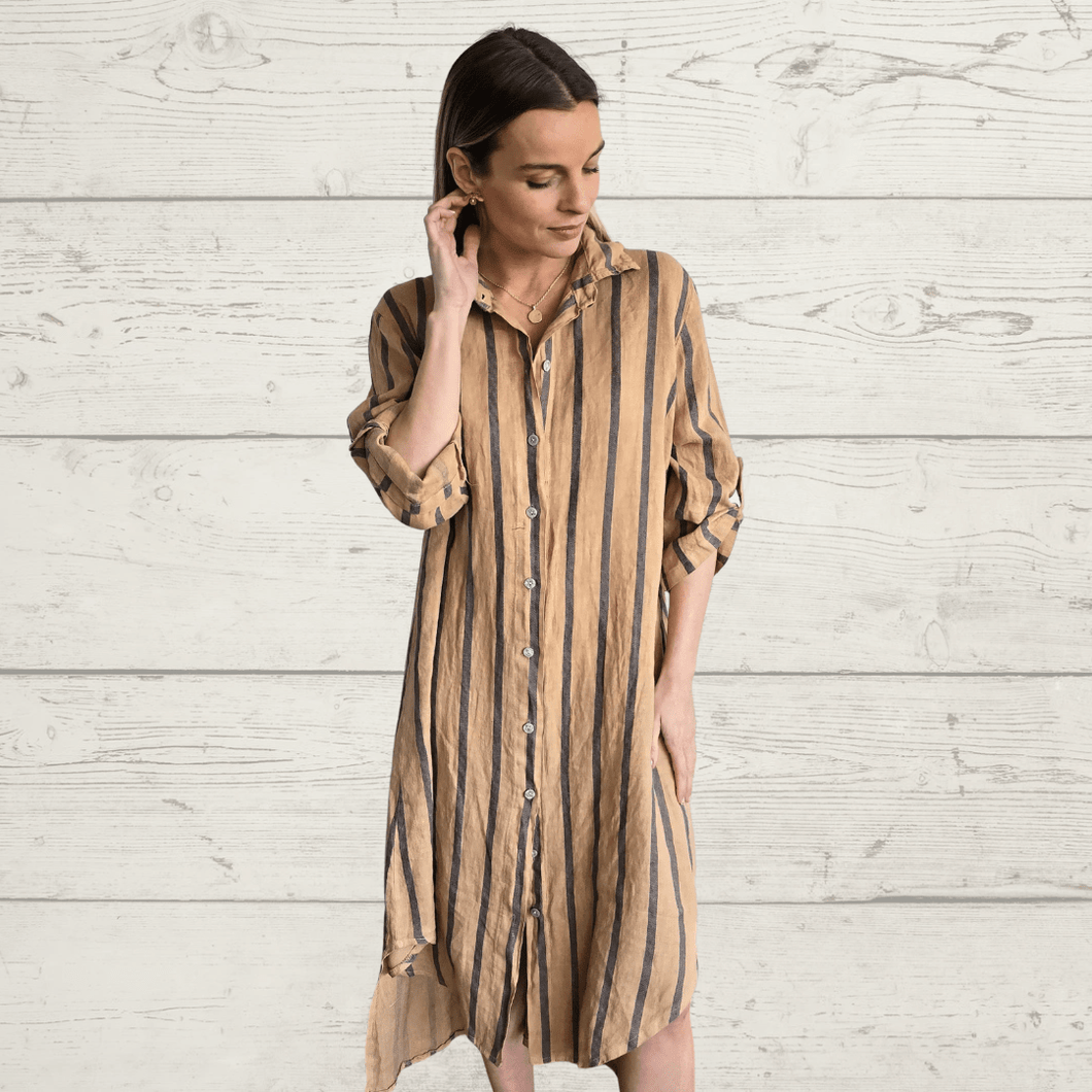 Vestido 100% Lino Italiano Rayado, color Camel con Azul
