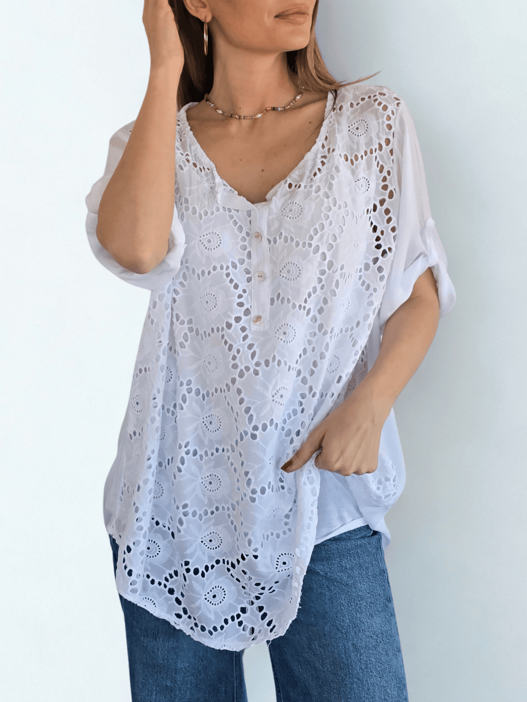 Blusa Italiana Macramé con Polera, color Blanco