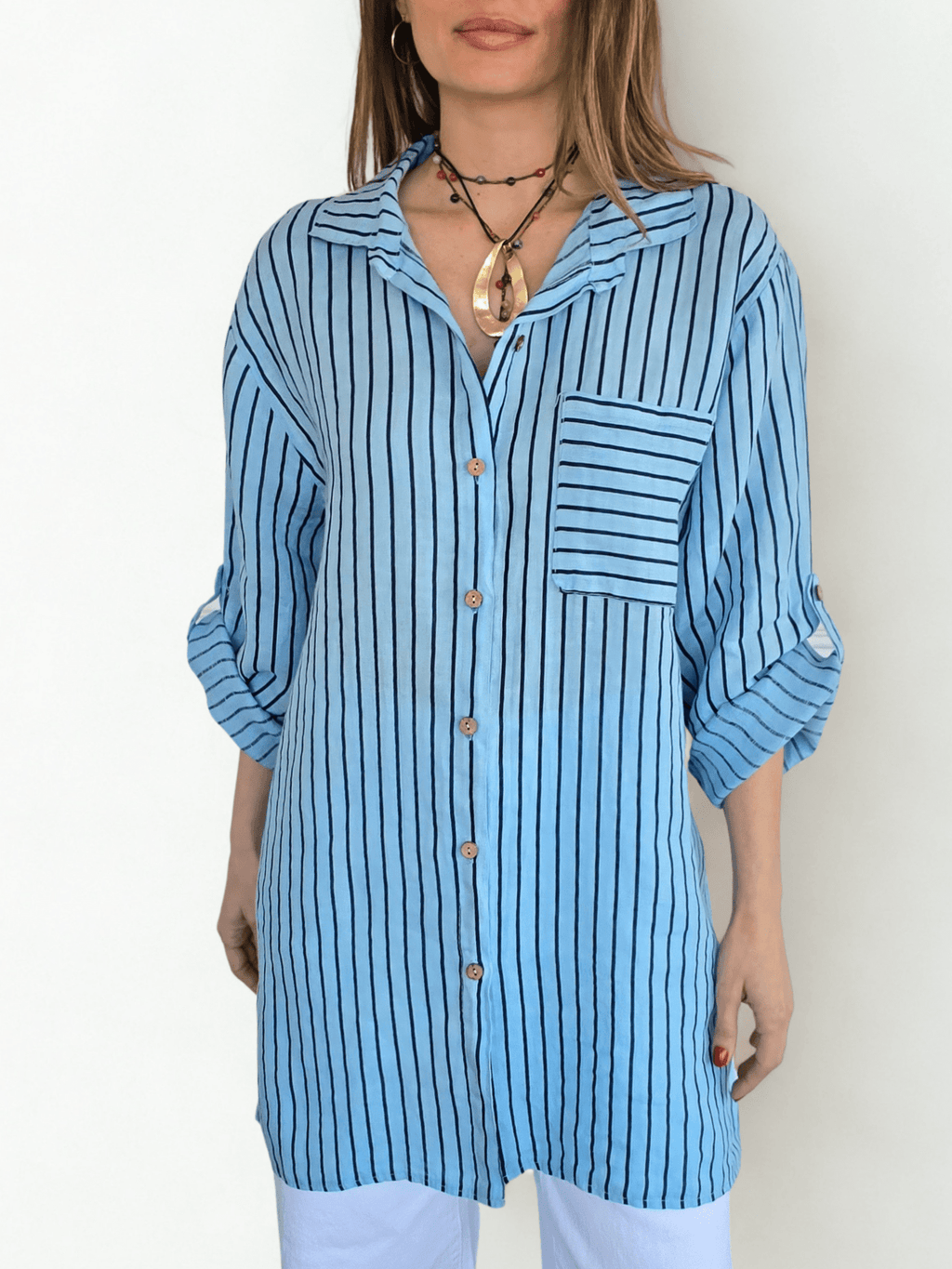 Blusa/Vestido Italiano 100% Lino Rayado, fondo Celeste