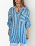 Blusa/Vestido Italiano 100% Lino Rayado, fondo Celeste