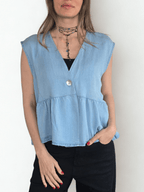 Blusa Italiana Tencel un Botón, color Celeste