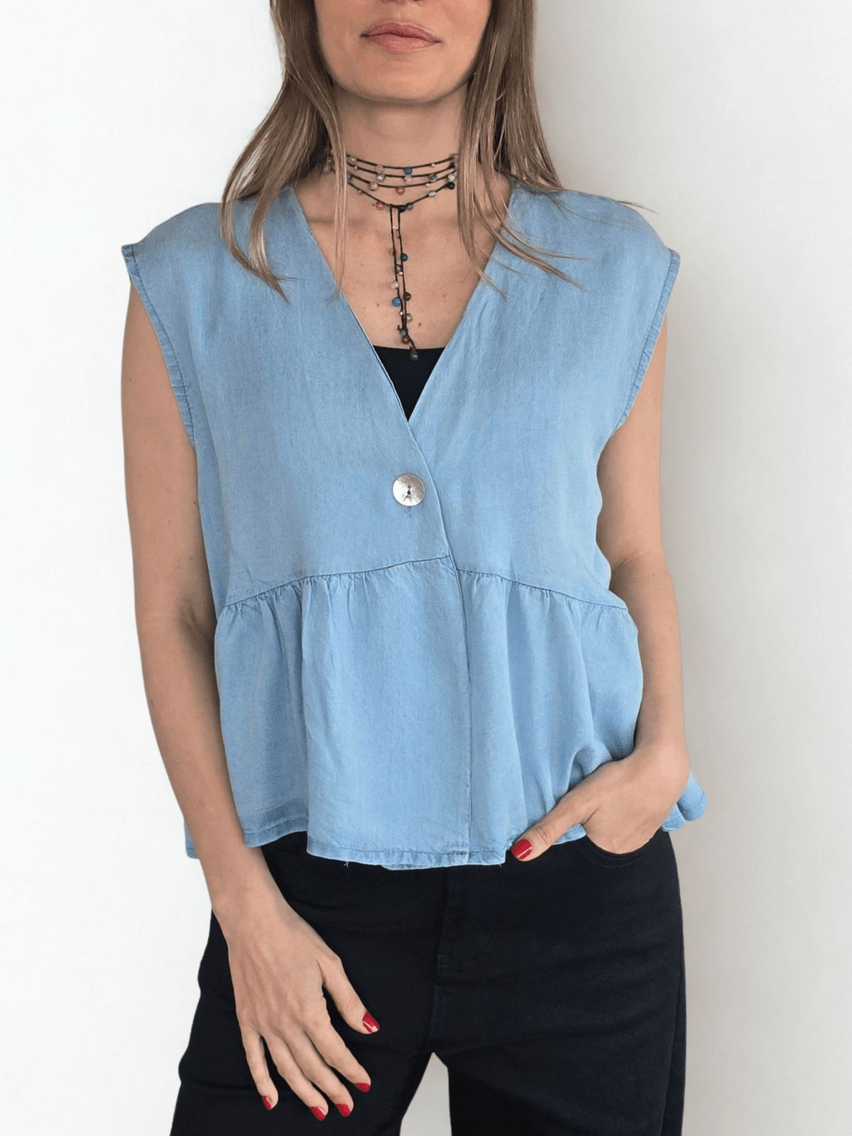 Blusa Italiana Tencel un Botón, color Celeste