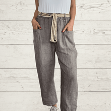 Cargar imagen en el visor de la galería, Pantalón 100% Lino Italiano lazo cintura, color Taupe
