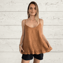 Cargar imagen en el visor de la galería, Blusa de Lino Italiana con vuelos en la basta, color terracota
