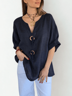 Blusa Italiana 100% Lino, dos botones, color Azul Marino
