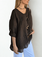 Blusa Italiana 100% Lino con tres Botones, color Chocolate