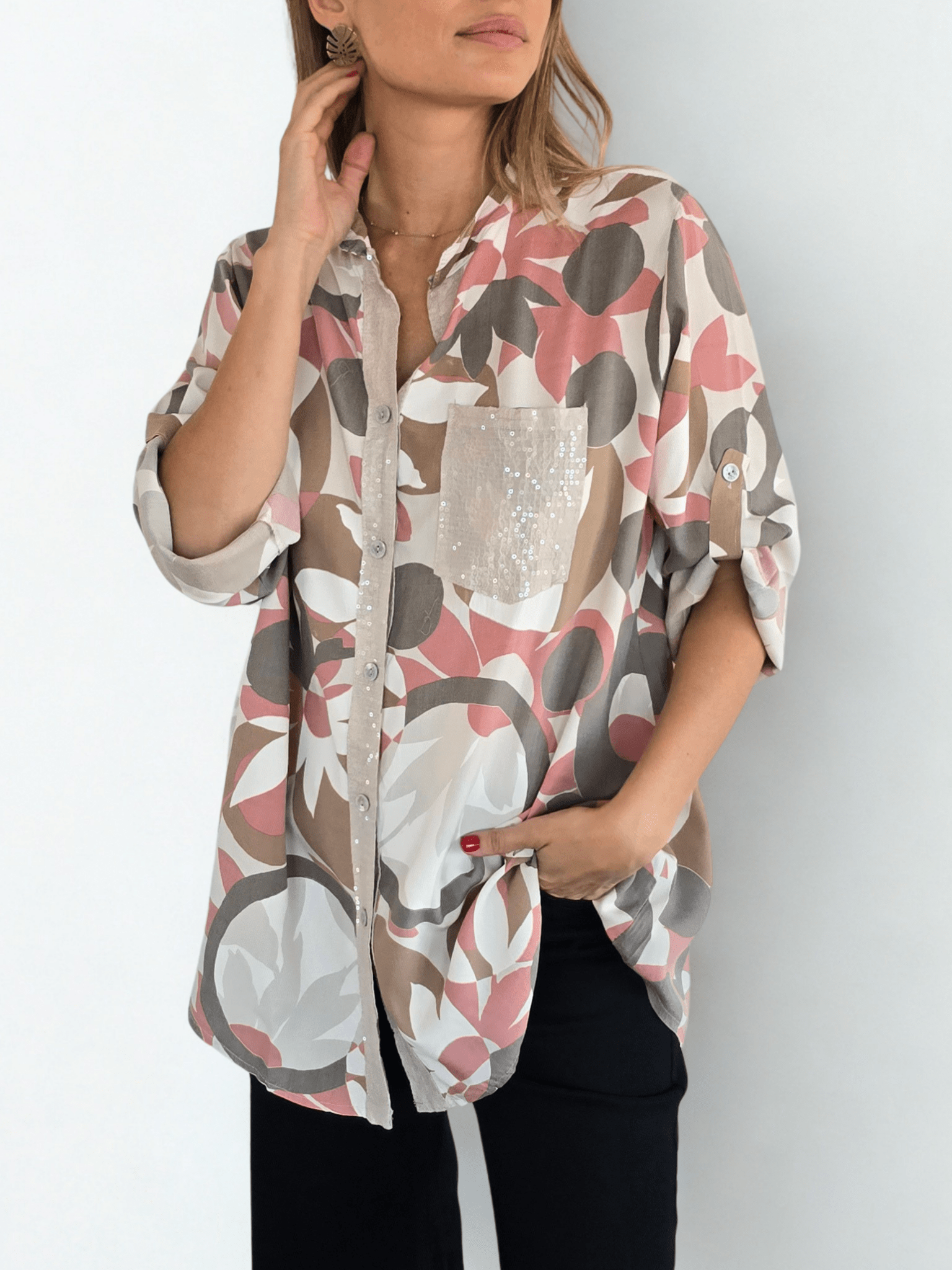 Blusa Italiana estampada, fondo Beige