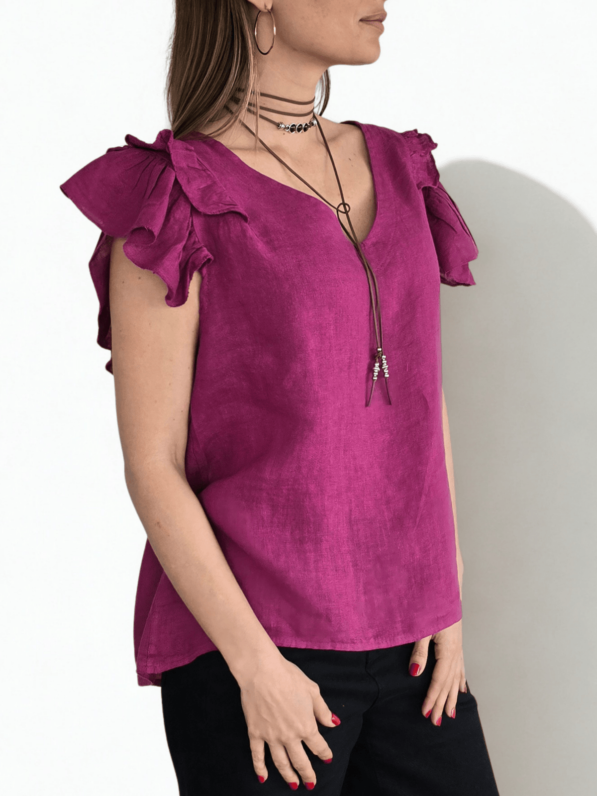 Blusa Italiana 100%Lino, Mangas Irregulares, color Magenta
