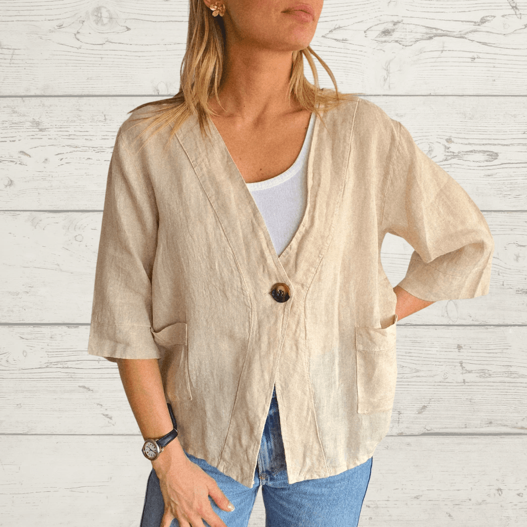 Chaqueta 100% lino Italiano un botón, color Beige