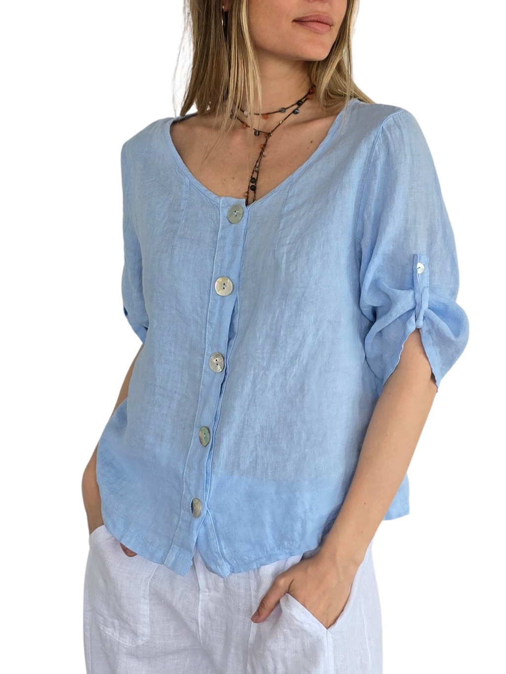 Blusa Italiana 100%Lino Botones, color Celeste