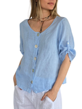 Blusa Italiana 100%Lino Botones, color Celeste