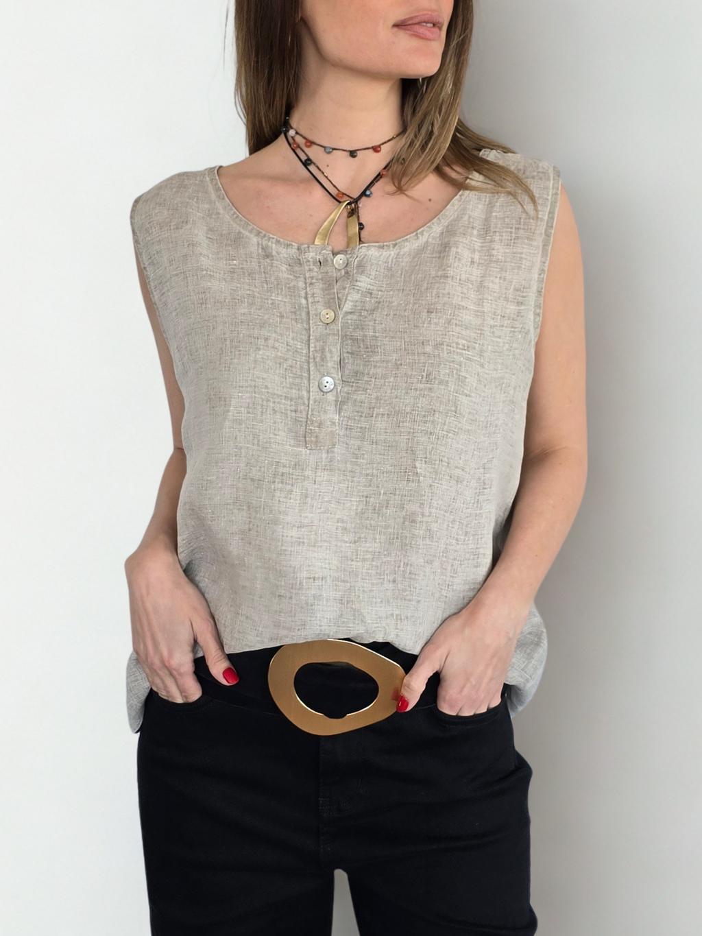Blusa Italiana 100% Lino, sin mangas, color Beige