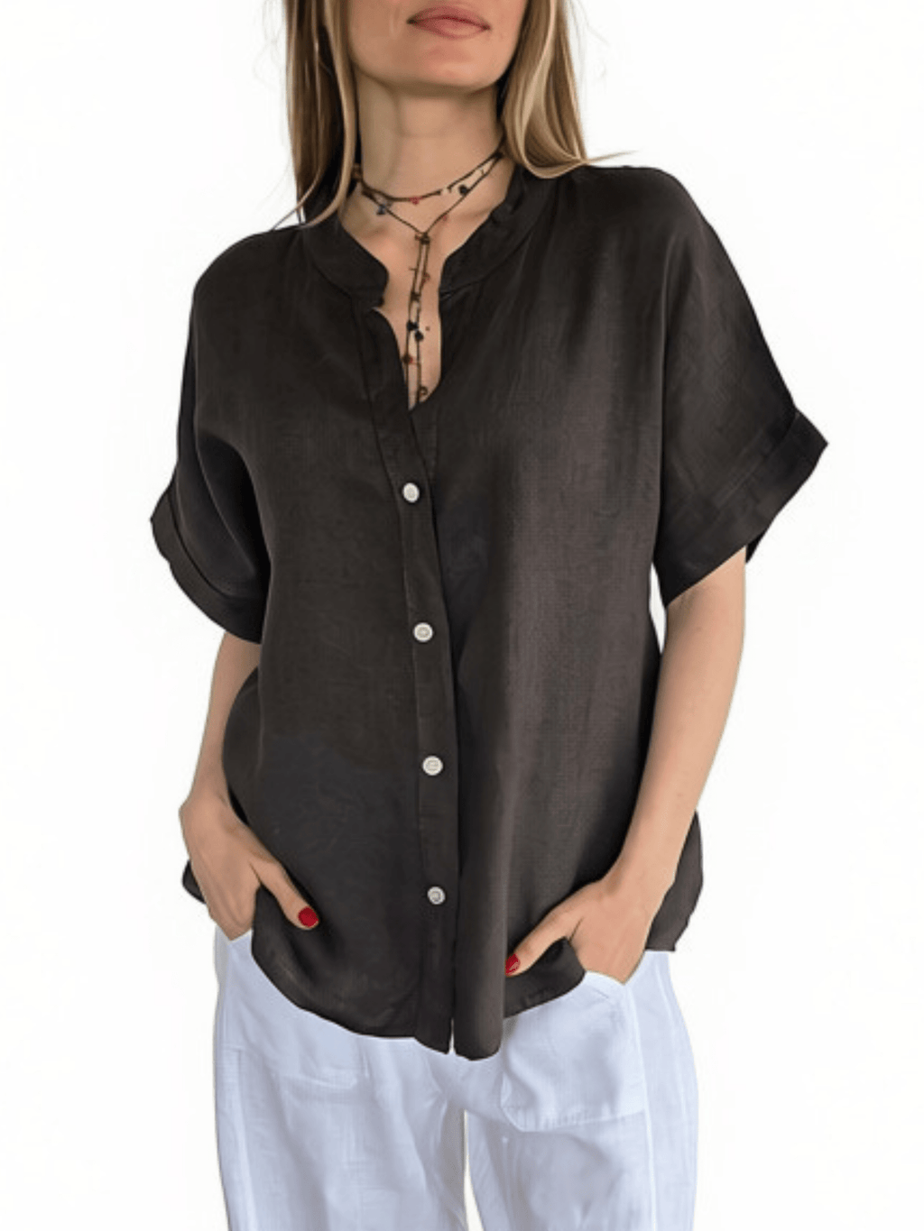 Blusa Italiana 100% Lino Escote en V, color Chocolate