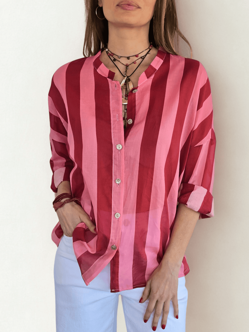 Blusa Italiana Rayada, color Guinda con Rosado