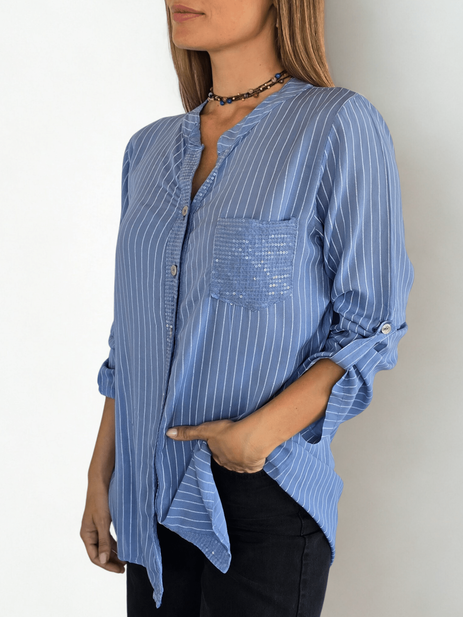 Blusa Italiana Rayada, fondo Celeste