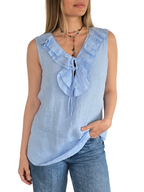 Blusa Italiana 100% Lino Vuelos, color Celeste