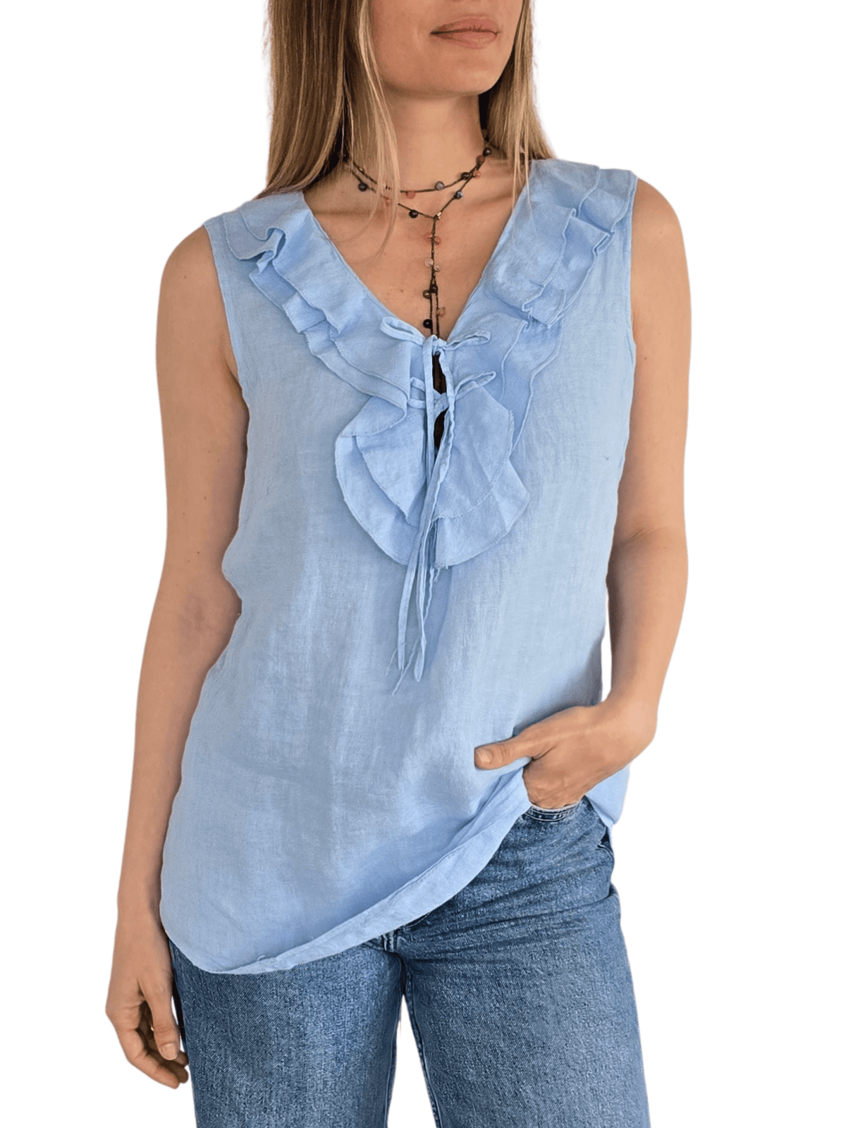 Blusa Italiana 100% Lino Vuelos, color Celeste