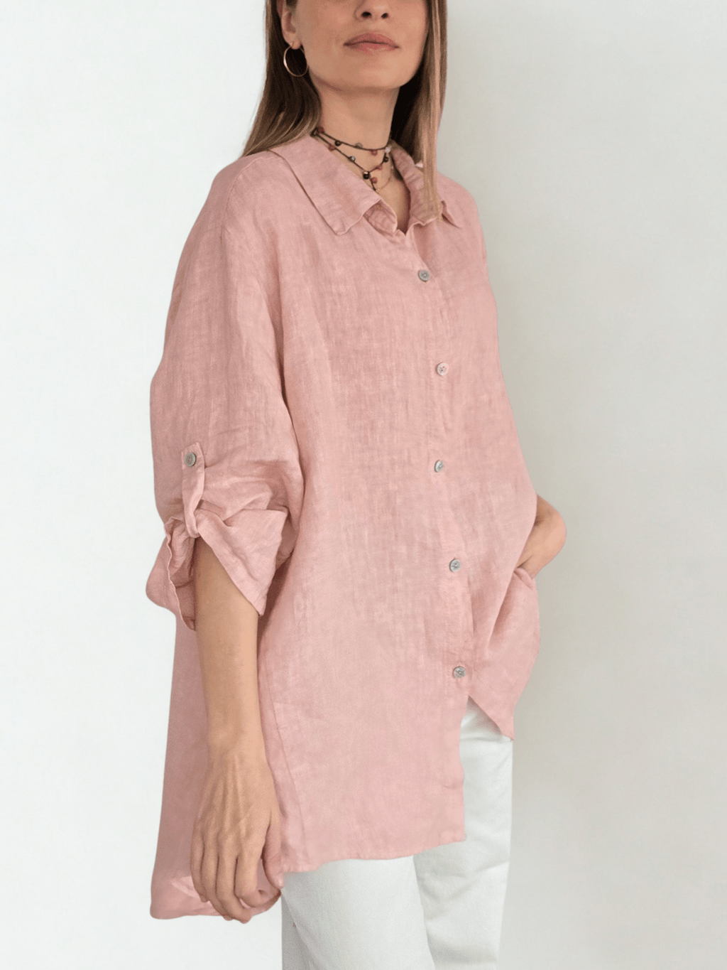 Blusa Italiana ancha 100% Lino, color Rosado