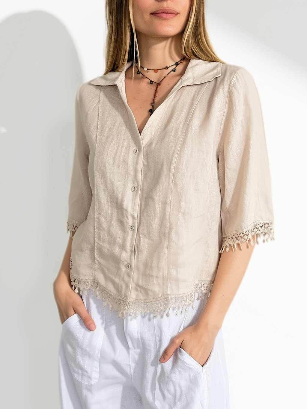 Blusa Italiana 100% Lino Italiano, color Beige