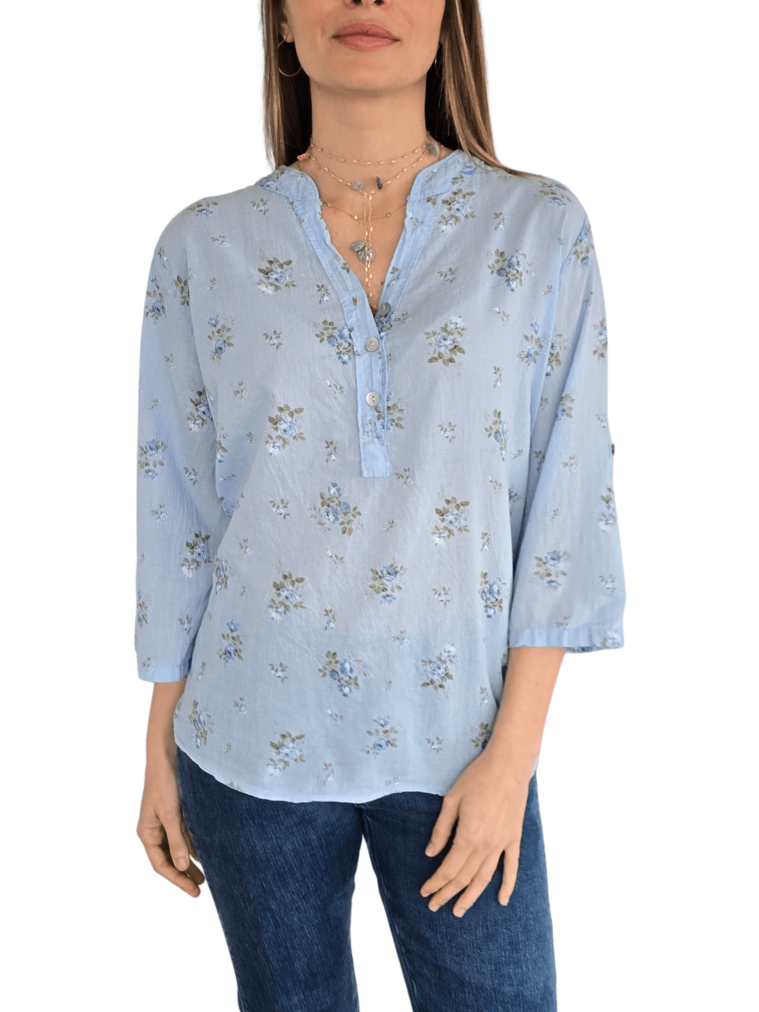 Blusa Italiana Flores, fondo Celeste