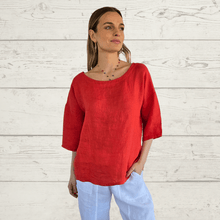 Cargar imagen en el visor de la galería, Blusa 100% Lino Italiano cuello redondo, color Rojo
