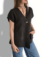 Blusa Italiana 100% Lino un botón, color Chocolate