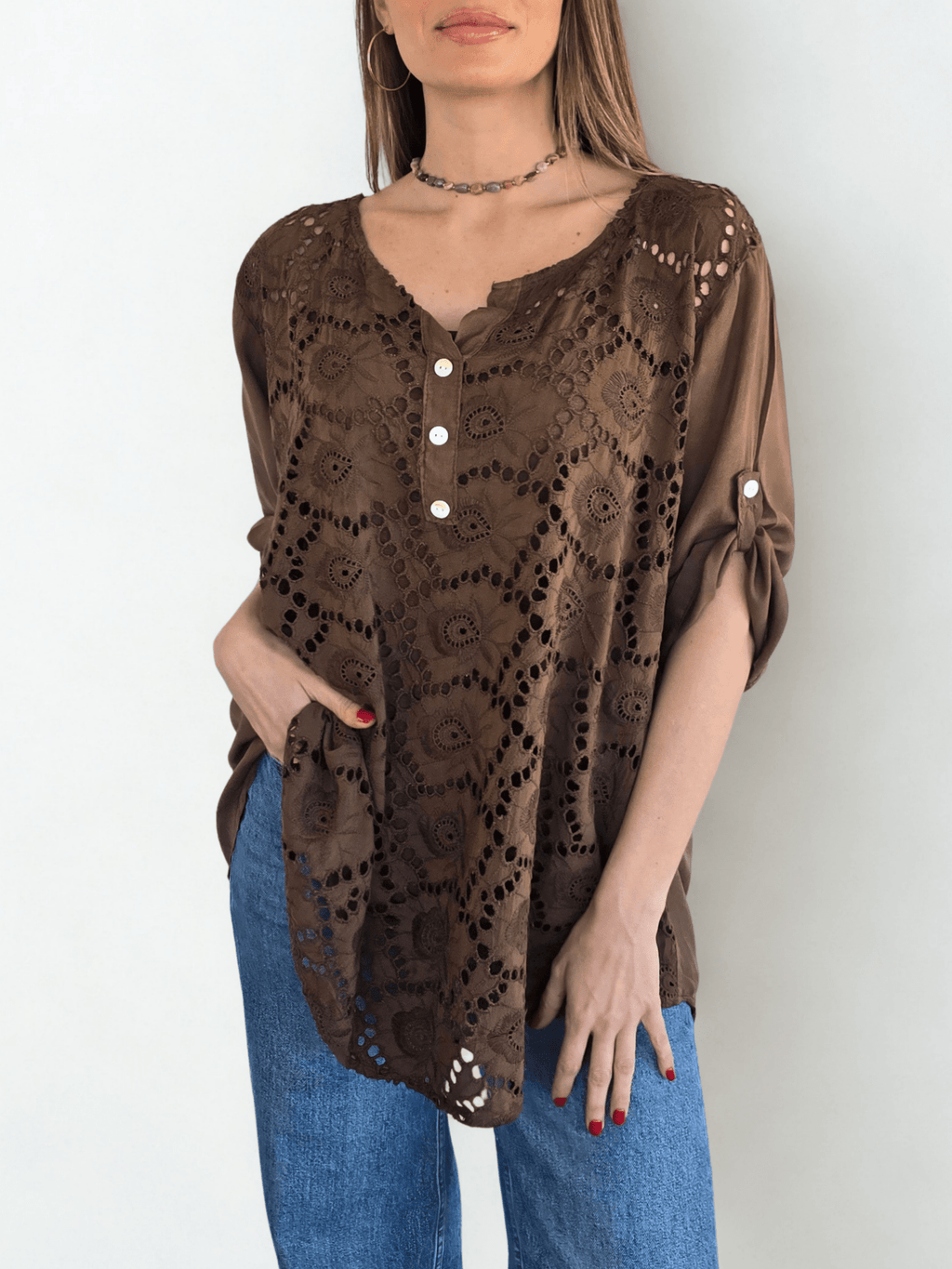 Blusa Italiana Macramé, color Chocolate