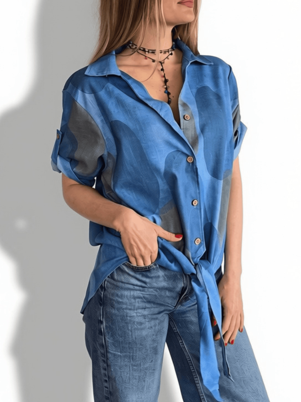 Blusa Estampada con Nudo, fondo Azul