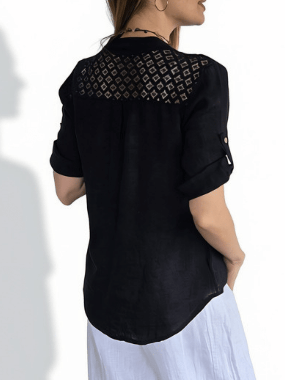 Blusa Italiana Lino Canesú Bordado, color Azul Marino Oscuro