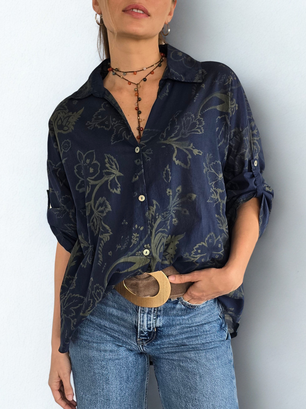 Blusa Italiana Estampada, fondo Azul Marino
