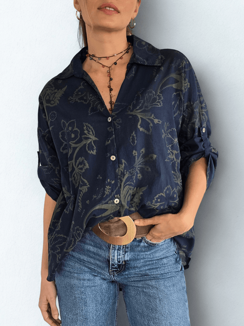 Blusa Italiana Estampada, fondo Azul Marino