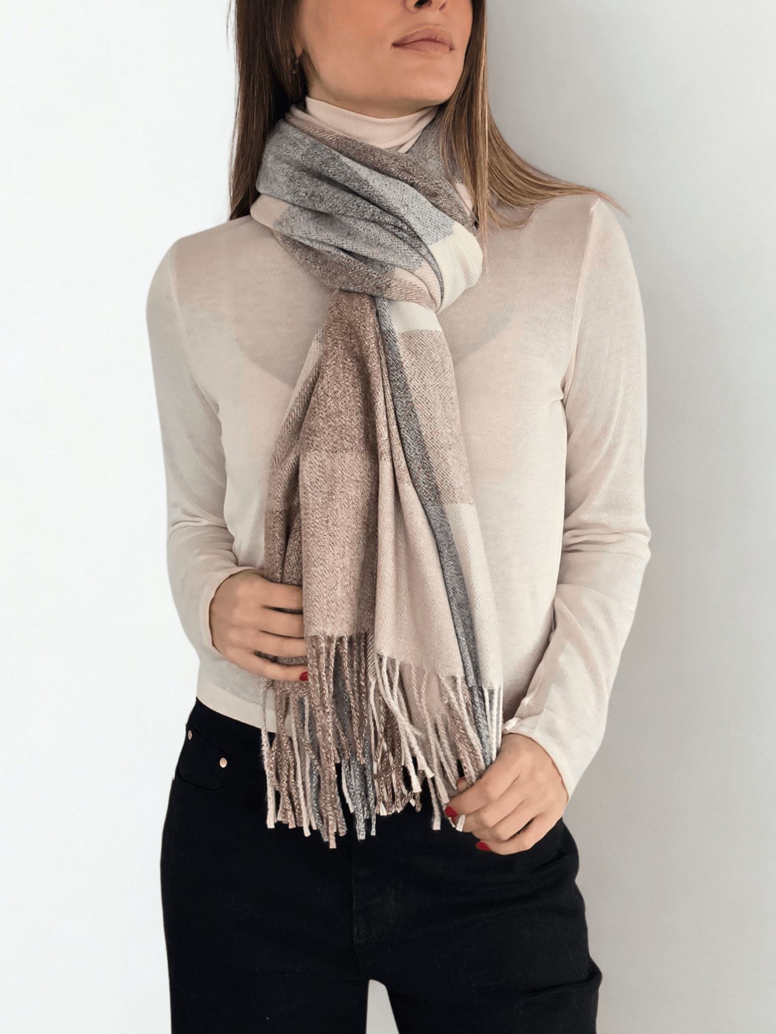 Bufanda cuadros, colores Beige con Gris