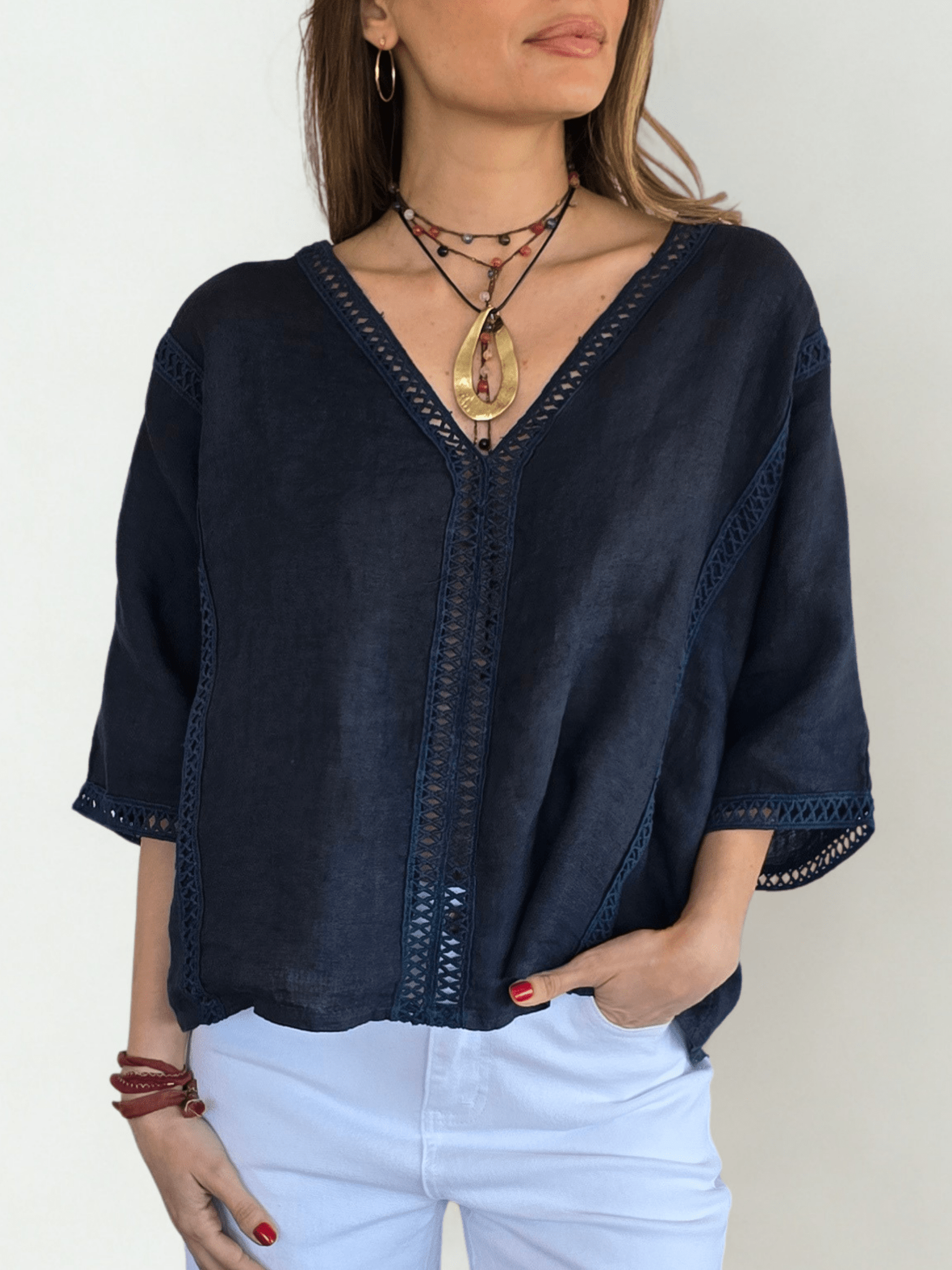 Blusa 100% Lino Italiano Pasamanería, color Azul Marino