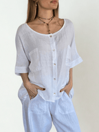 Blusa Italiana 100% Lino dos Bolsillos, color Blanco
