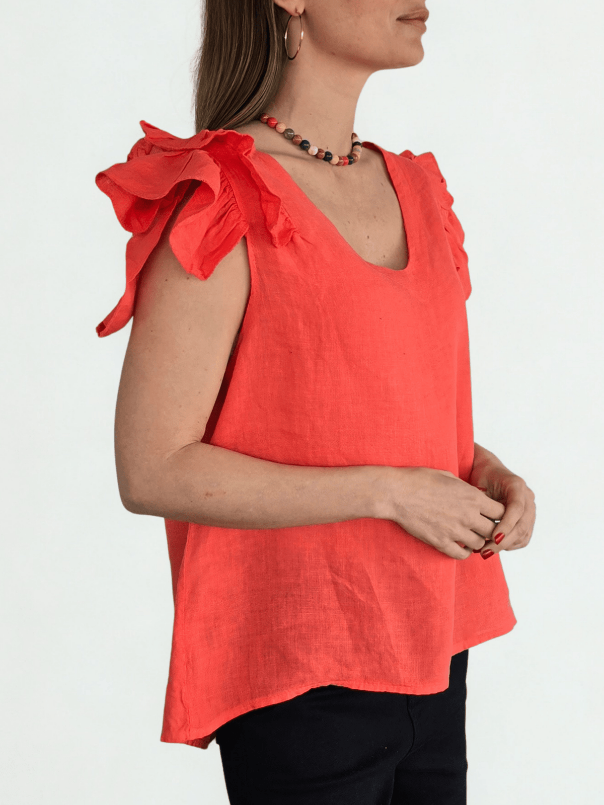 Blusa Italiana 100%Lino Mangas Irregulares, color Coral