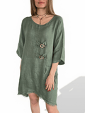 Vestido Italiano 100% Lino dos Botones, color Verde