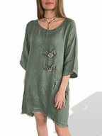 Vestido Italiano 100% Lino dos Botones, color Verde