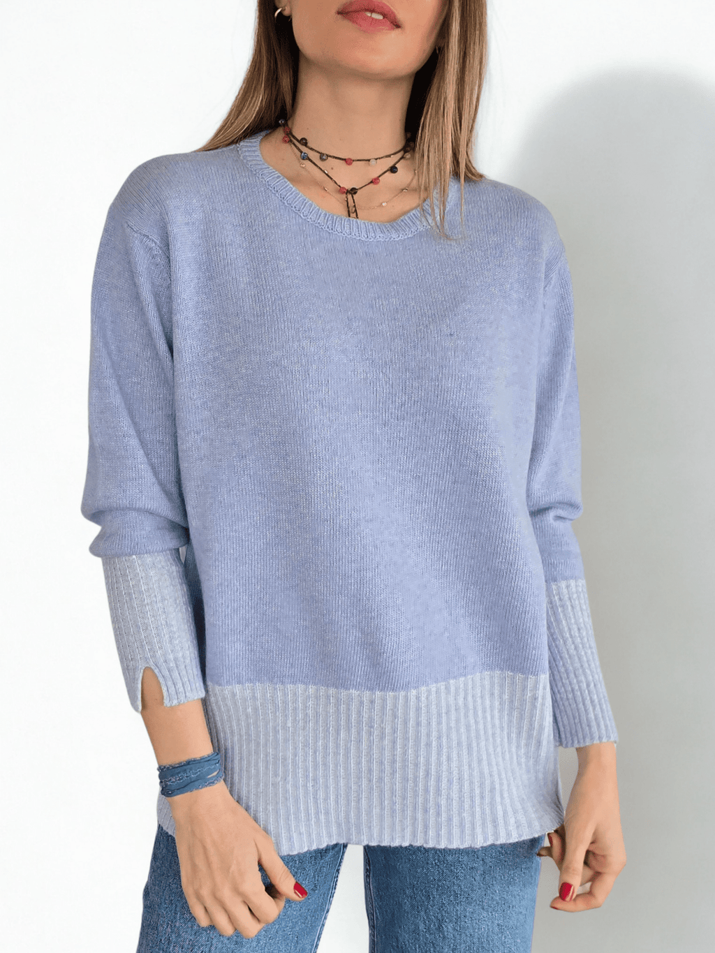 Sweater Italiano Pretina Rayada, color Celeste