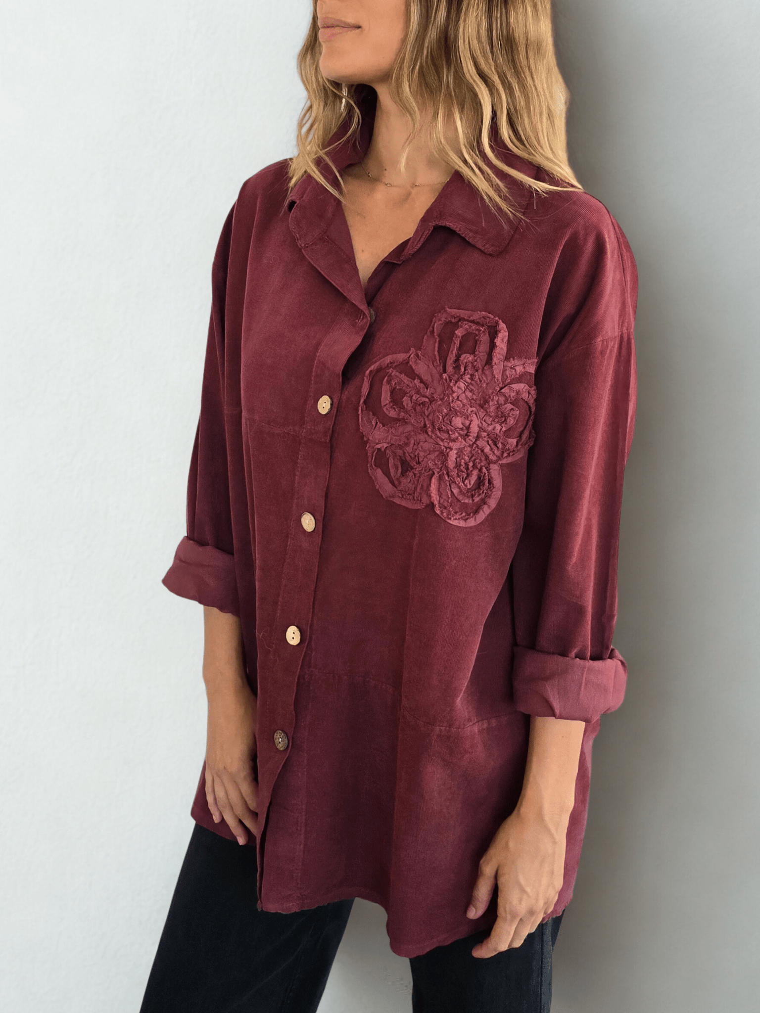 Blusa Italiana Cotelé mil rayas Flor, color Burdeo