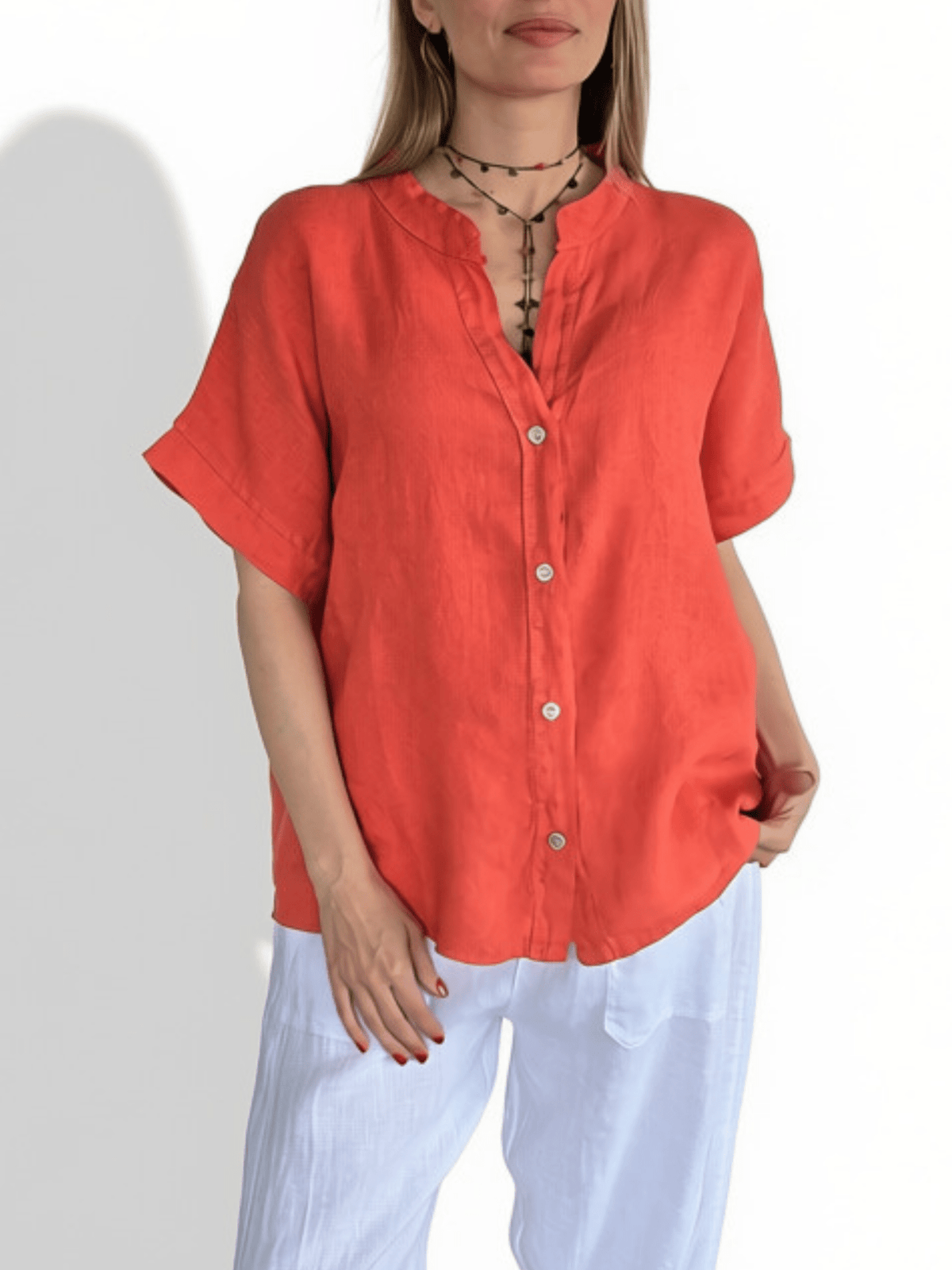 Blusa Italiana 100% Lino Escote en V, color Salmón