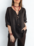 Blusa Italiana 100% Lino, dos botones, color Café