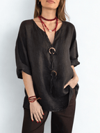 Blusa Italiana 100% Lino, dos botones, color Café