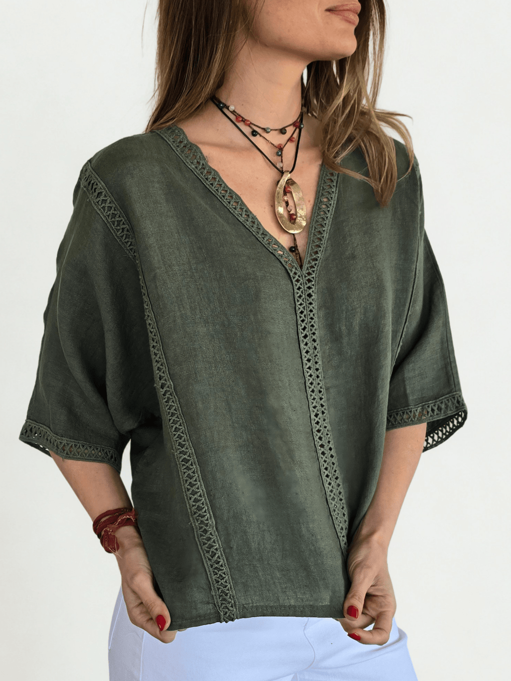 Blusa 100% Lino Italiano Pasamanería, color Verde