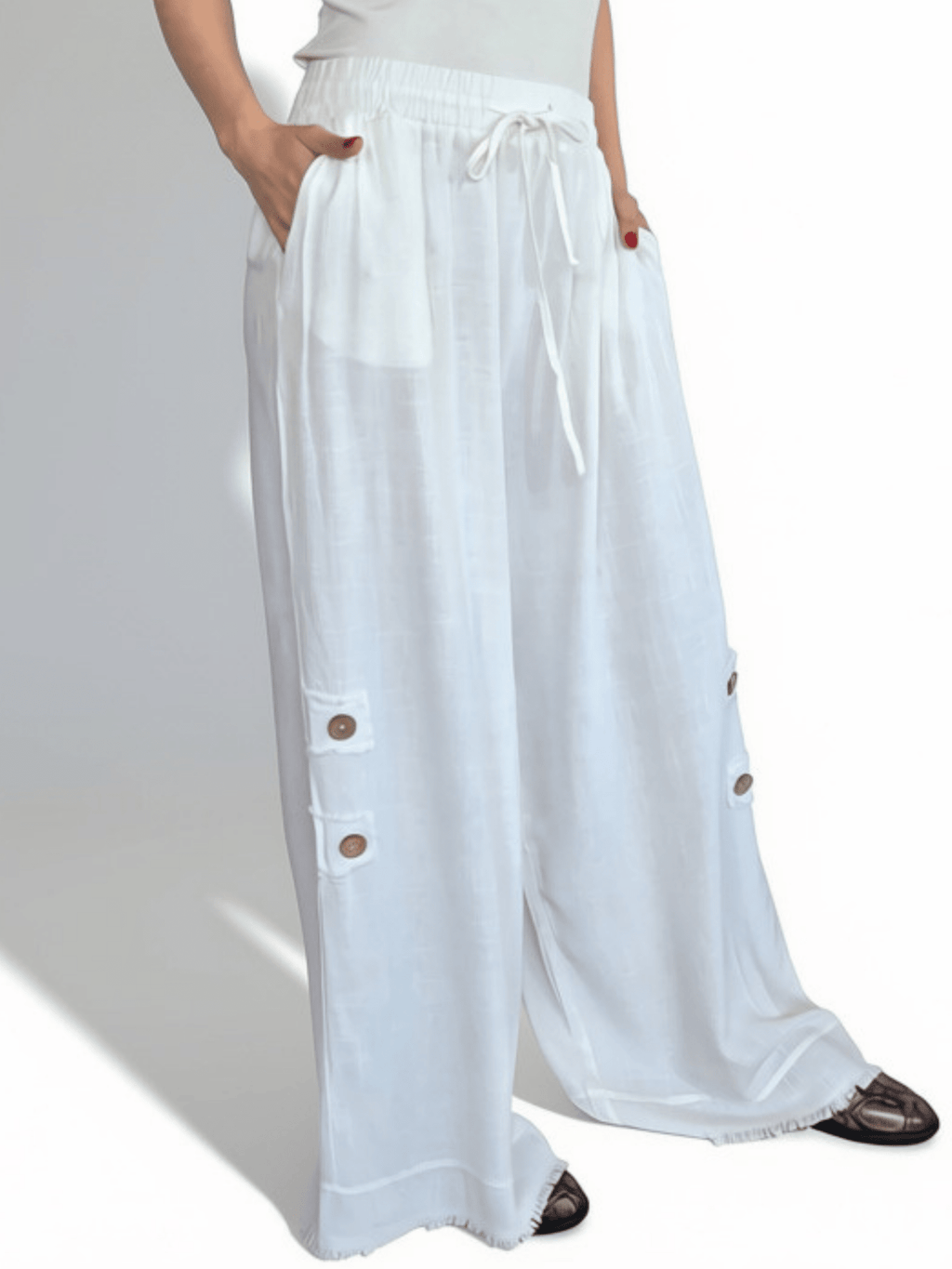 Pantalón con Botones a los Lados,color Blanco