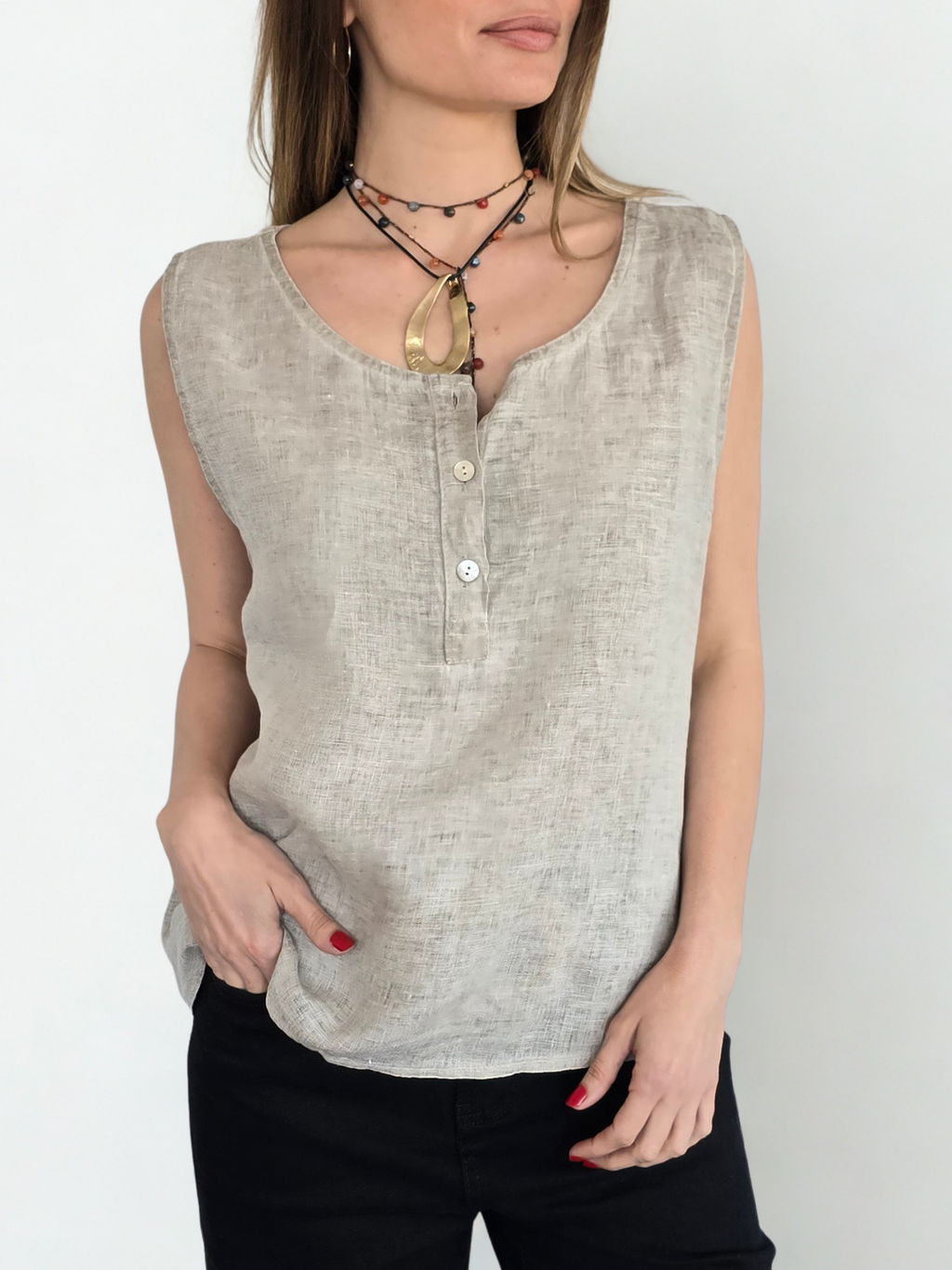 Blusa Italiana 100% Lino, sin mangas, color Beige