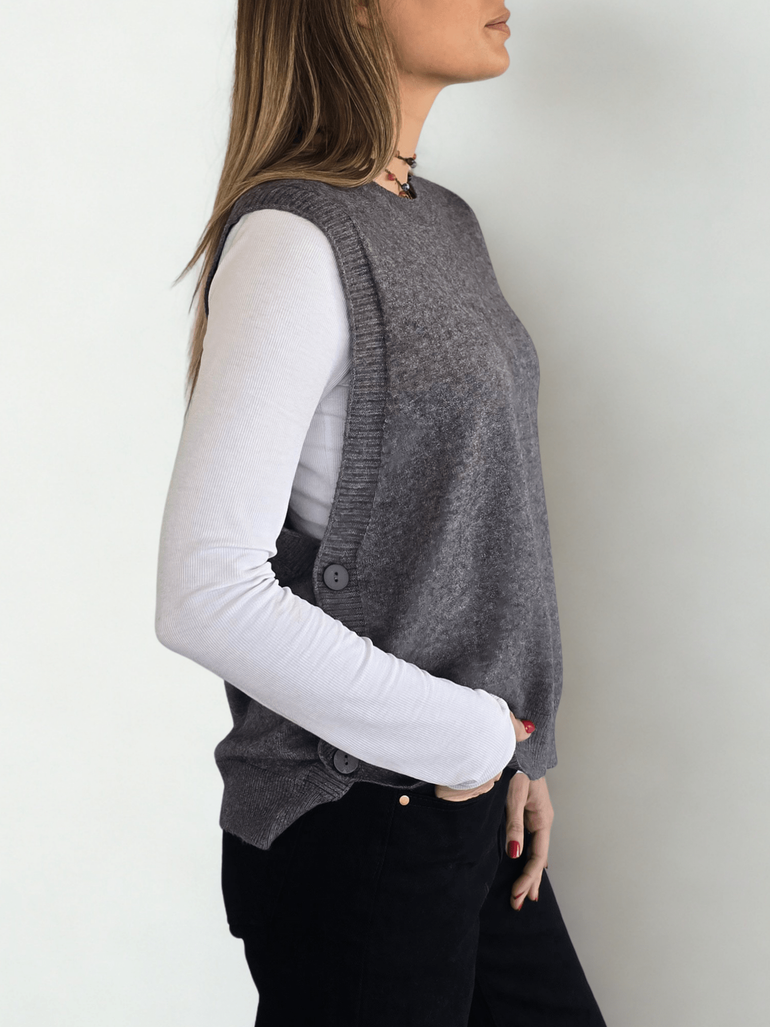 Sweater sin mangas Botones, color Gris